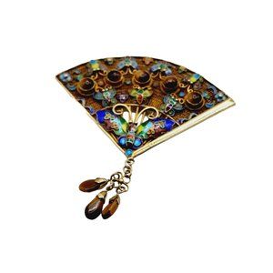 Antique Signed Chinese Import Cloisonne Tiger Eye Silver Fan Brooch (A1209)